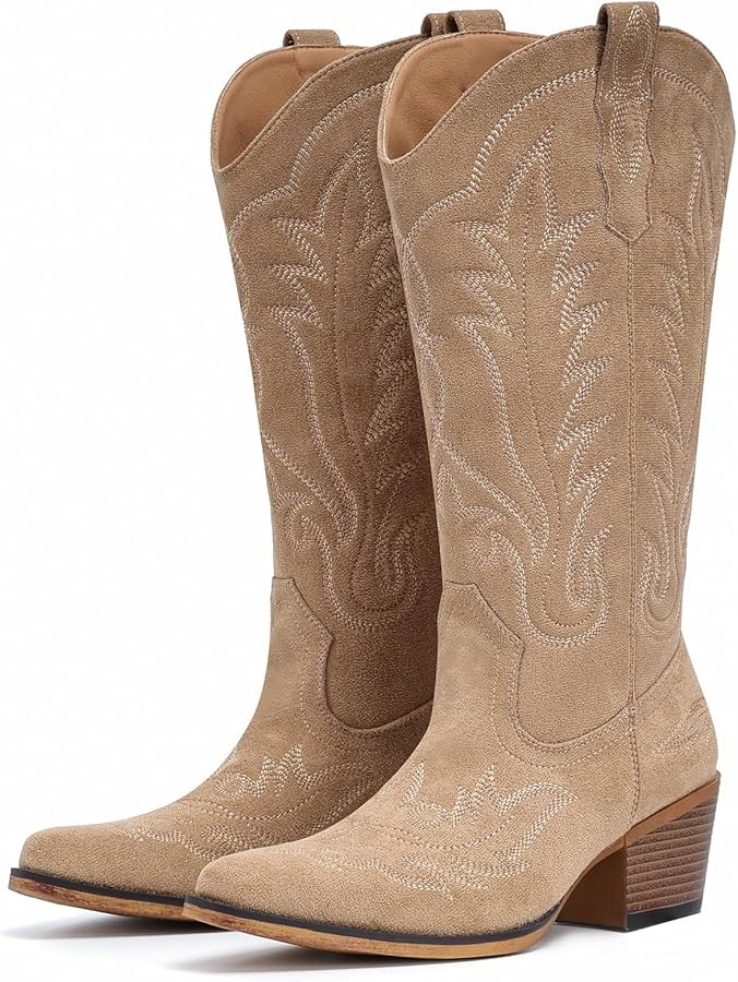 Suede Cowboy Boots for Women Western Mid Calf Cowgirl Boots with Embroidered, Retro Snip Toe Fash... | Amazon (US)