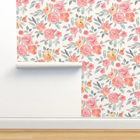 Floral Wallpaper  Floral in Pink and Peach Large Version by - Etsy | Etsy (US)