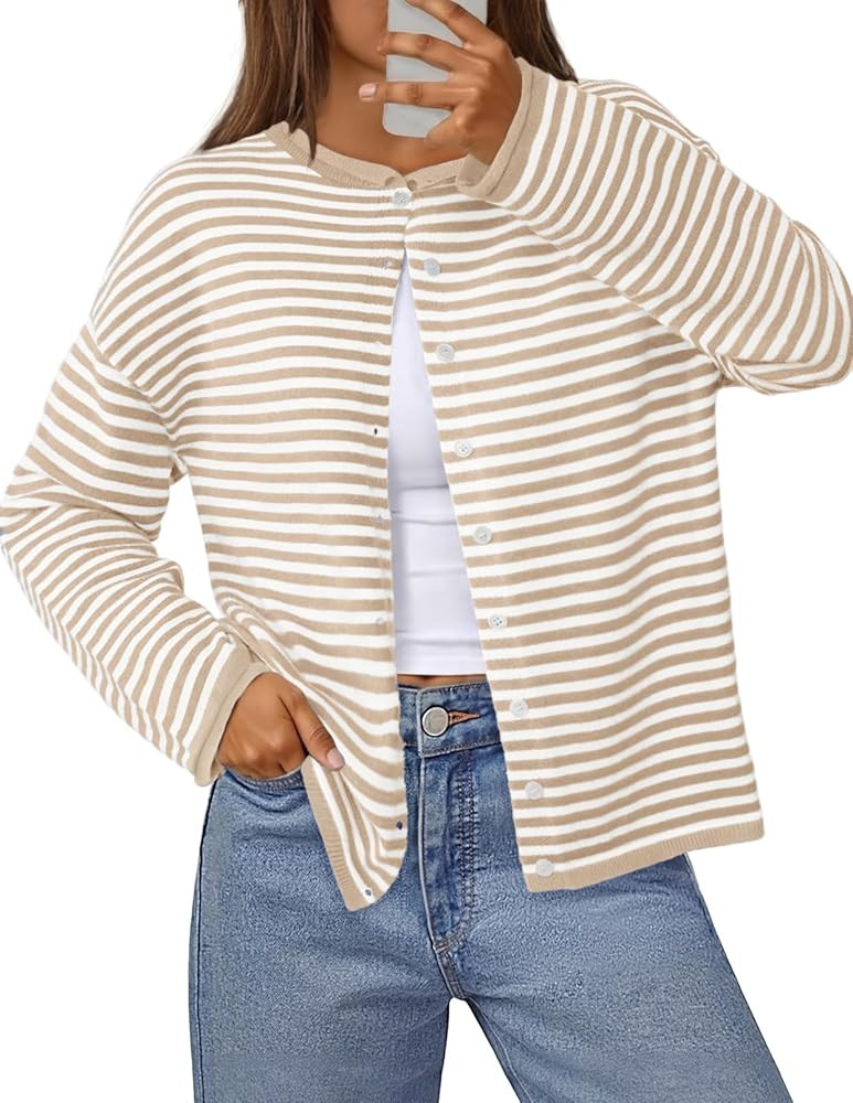MEROKEETY Womens Striped Cardigan Sweaters 2026 Button Lightweight Long Sleeve Loose Knit Fall Sw... | Amazon (US)