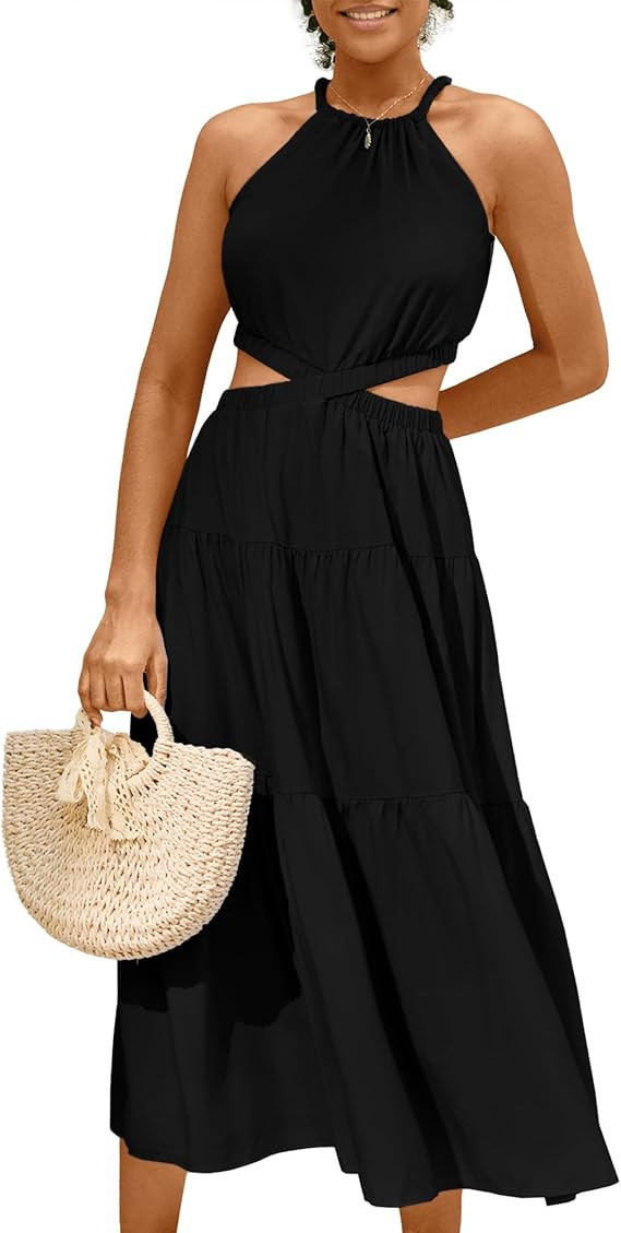 MIHOLL Women's 2024 Summer Maxi Dresses Casual Sleeveless Halter Neck Cut Out Tiered Beach Vacati... | Amazon (US)