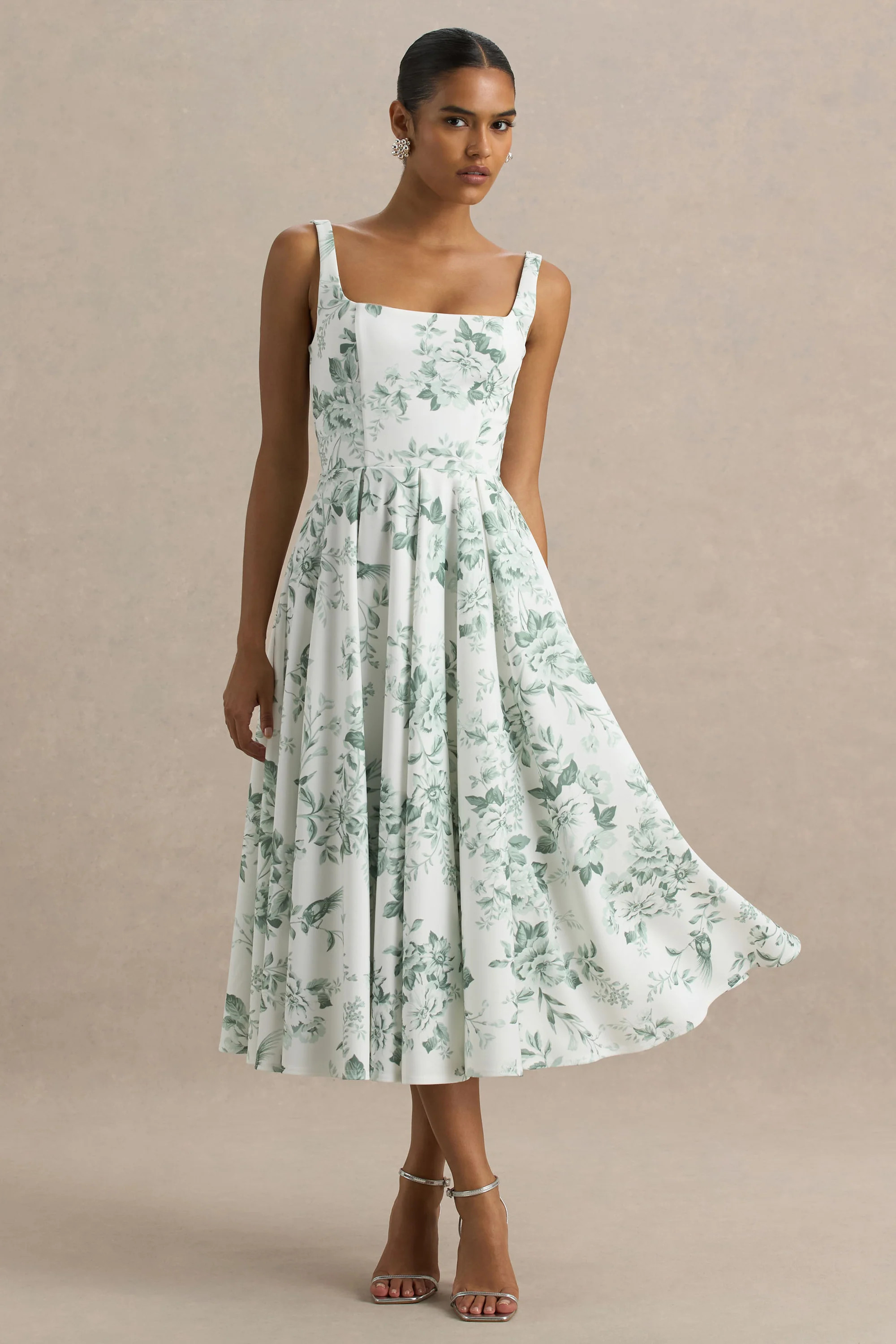 Lissa | Green Porcelain Print Square-Neck Midi Dress | Club L London