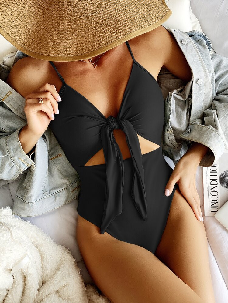 Knot Front Cut-out One Piece Swimsuit | SHEIN