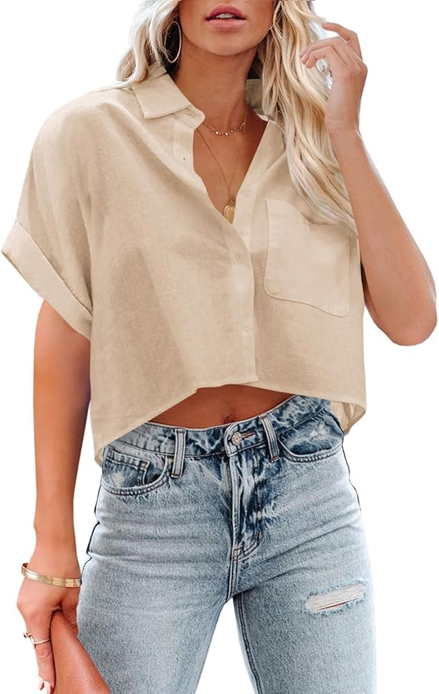 Tankaneo Womens Button Down Cropped Shirts Long Sleeve Casual Crop Tops Solid Lapel Blouse Shirt ... | Amazon (US)