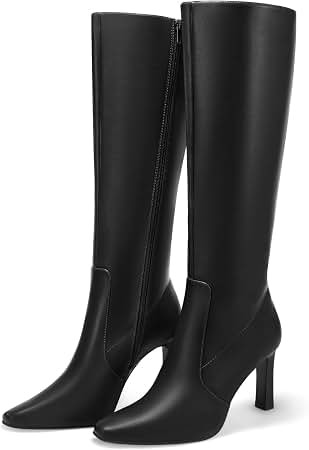 Coutgo Womens Knee High Boots Square Toe chunky Heel Side Zipper Dress Tall Boots | Amazon (US)