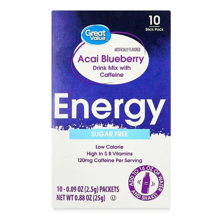 Great Value Sugar Free Blueberry Acai Energy Drink Mix, 0.08 oz, 10 Packets | Walmart (US)