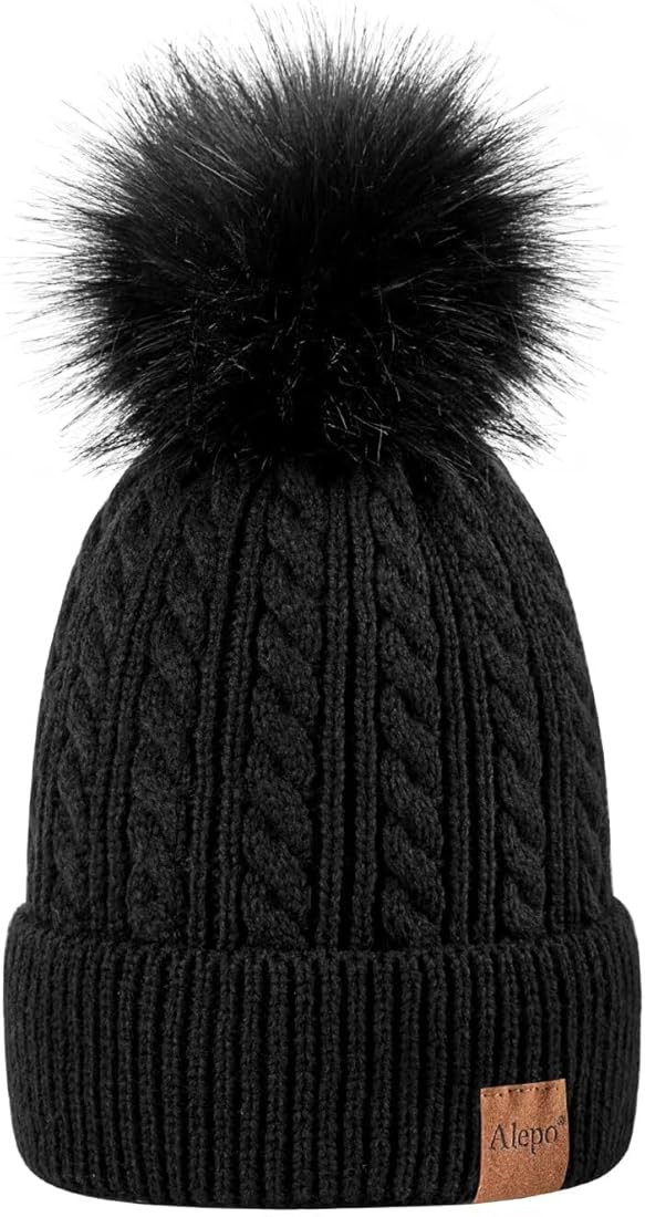 Alepo Womens Winter Beanie Hat, Warm Fleece Lined Knitted Soft Ski Cuff Cap with Pom Pom | Amazon (US)