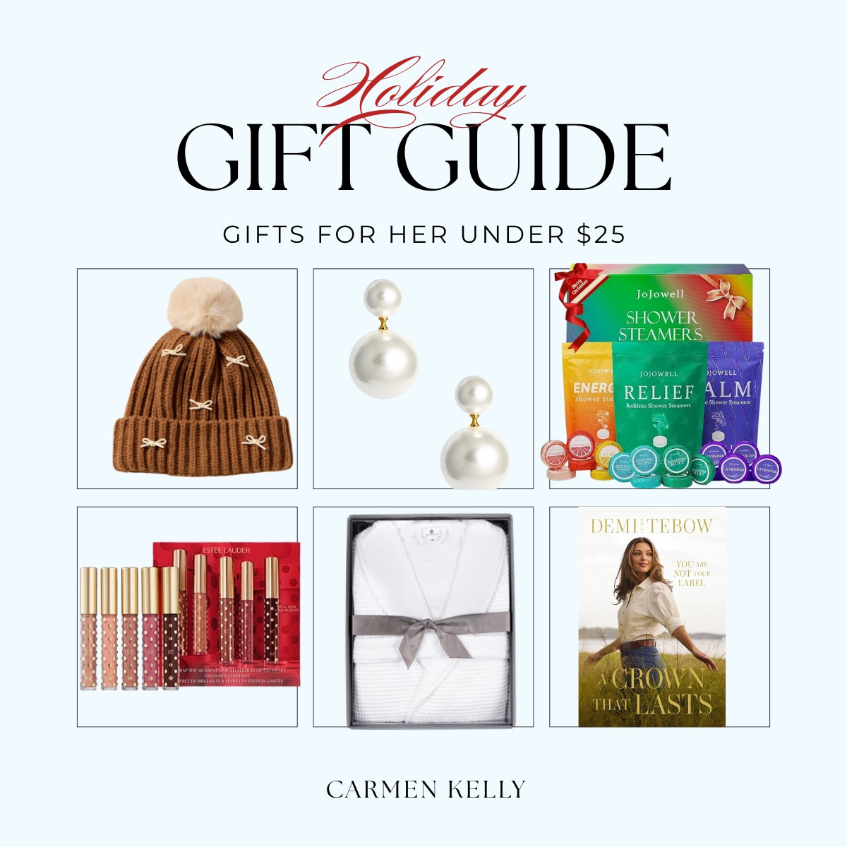 ✨ Holiday Gift Guide: Gifts for Her Under $25 & Under $50 ✨

If you’re shopping for the women in your life and want beautiful, thoughtful gifts without the big price tag… I’ve got you covered! 🎁✨

I rounded up my favorite finds under $25 and $50 — chic, cozy, polished pieces that feel elevated and gift-ready. Whether you’re shopping for friends, teachers, sisters, coworkers, or you just love having a few “just in case” gifts on hand, these picks are practical, pretty, and guaranteed to be used and loved.

💖 Under $25 Highlights:
• Cozy winter beanie with the sweetest details
• Classic pearl earrings
• Relaxing shower steamers set
• Luxurious lip gloss minis
• Spa-soft robe
• An inspiring book perfect for gifting

✨ Under $50 Favorites:
• Travel-friendly organizer set
• Everyday neutral eyeshadow palette
• Gold mini massager
• Holiday candle in a stunning jar
• Timeless gold bracelet
• Flowerbomb perfume trio

Tap to shop both guides — all stylish, budget-friendly. ✨

#HolidayGiftGuide l #GiftsForHer #Under25Gifts #Under50Gifts #BudgetFriendlyGifts #HolidayShopping #carmenkelly

#LTKFindsUnder50 #LTKHoliday #LTKGiftGuide