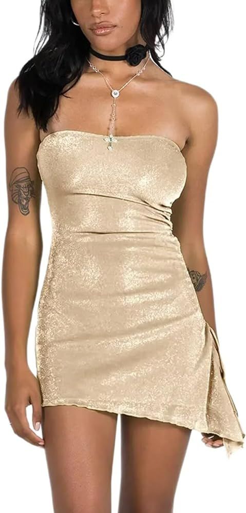 Women's Sexy Mini Bodycon Dresses Summer Strapless Tube Side Drawstring Slit Short Party Club Dre... | Amazon (US)