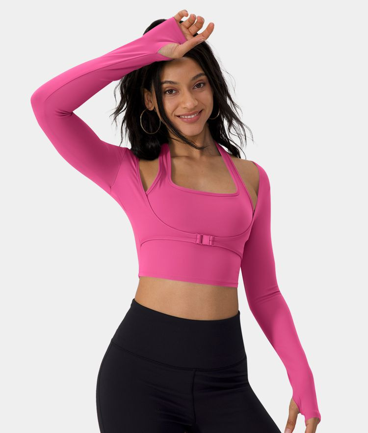 Softlyzero™ Plush Halter Thumb Hole Long Sleeve Cropped 2-in-1 Yoga Sports Top-UPF50+ | HALARA