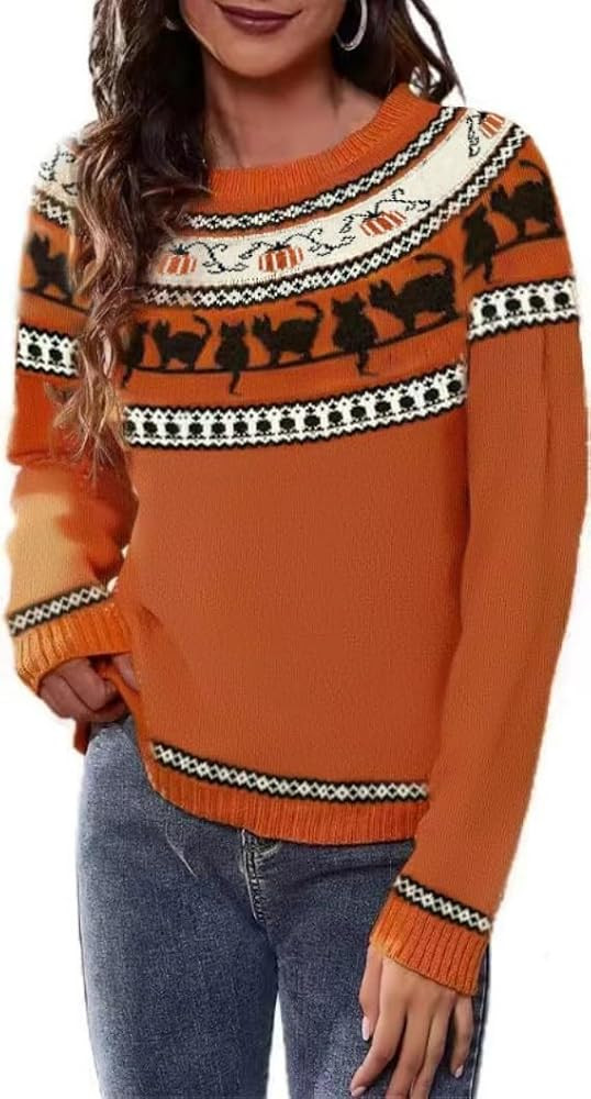 Fall Halloween Knitted Sweater for Women Winter Holiday Xmas Christmas Pullover Sweatshirt Tops | Amazon (US)