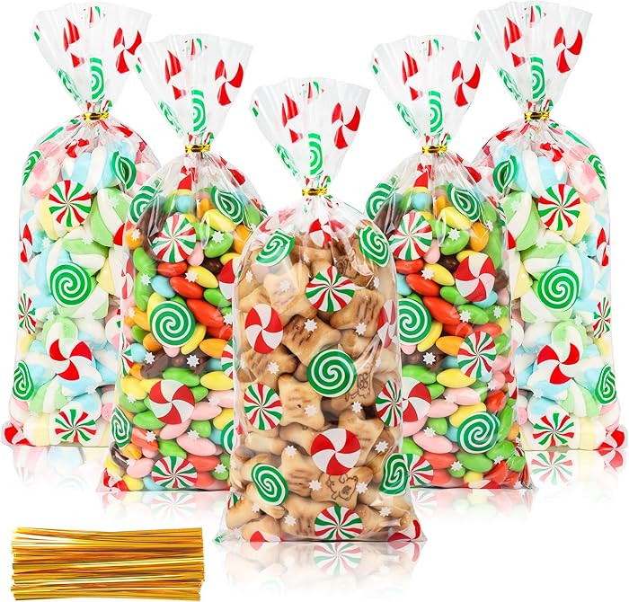 Christmas Cellophane Treat Bags: 100pcs Plastic Clear Red Green Candy Printed Bags with Twist Tie... | Amazon (US)