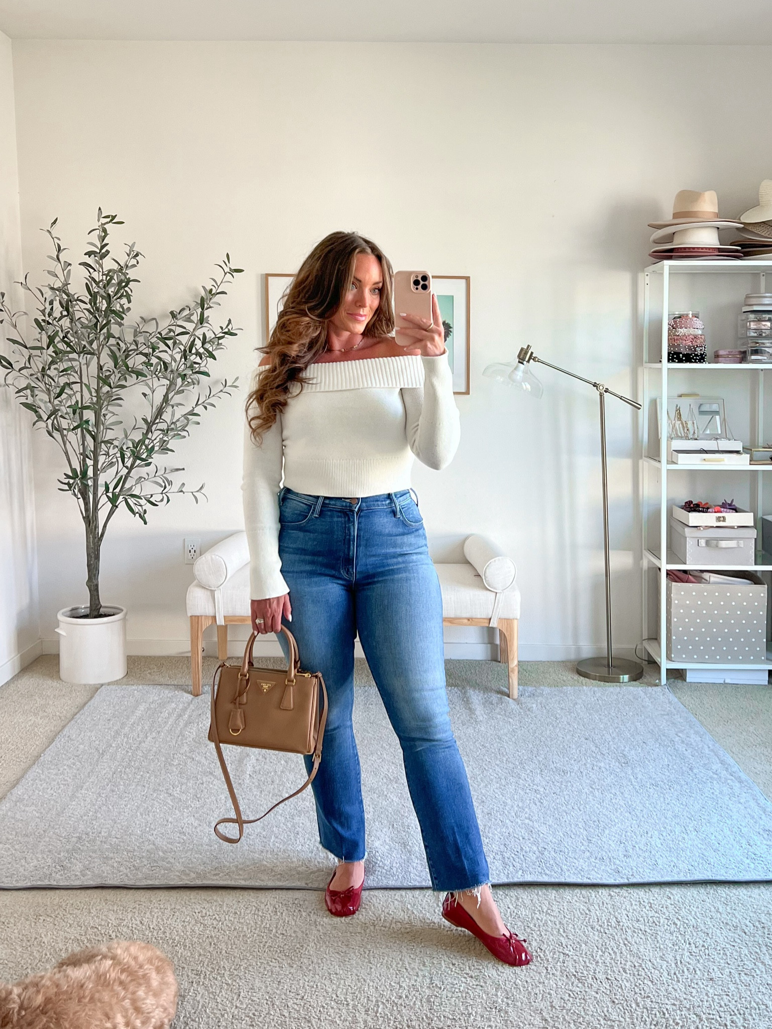 Red cherry ballet flats are so comfortable and cute 🍒❤️ Off shoulder sweater size medium super cute! Jeans are a bit of an investment but they fit so well! 

#LTKMidsize #LTKxNSale #LTKFindsUnder100