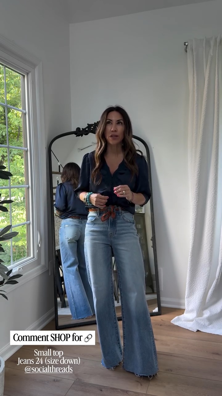 Small satin top. 24 wide leg jeans I sized down.

#LTKOver40 #LTKPetite
