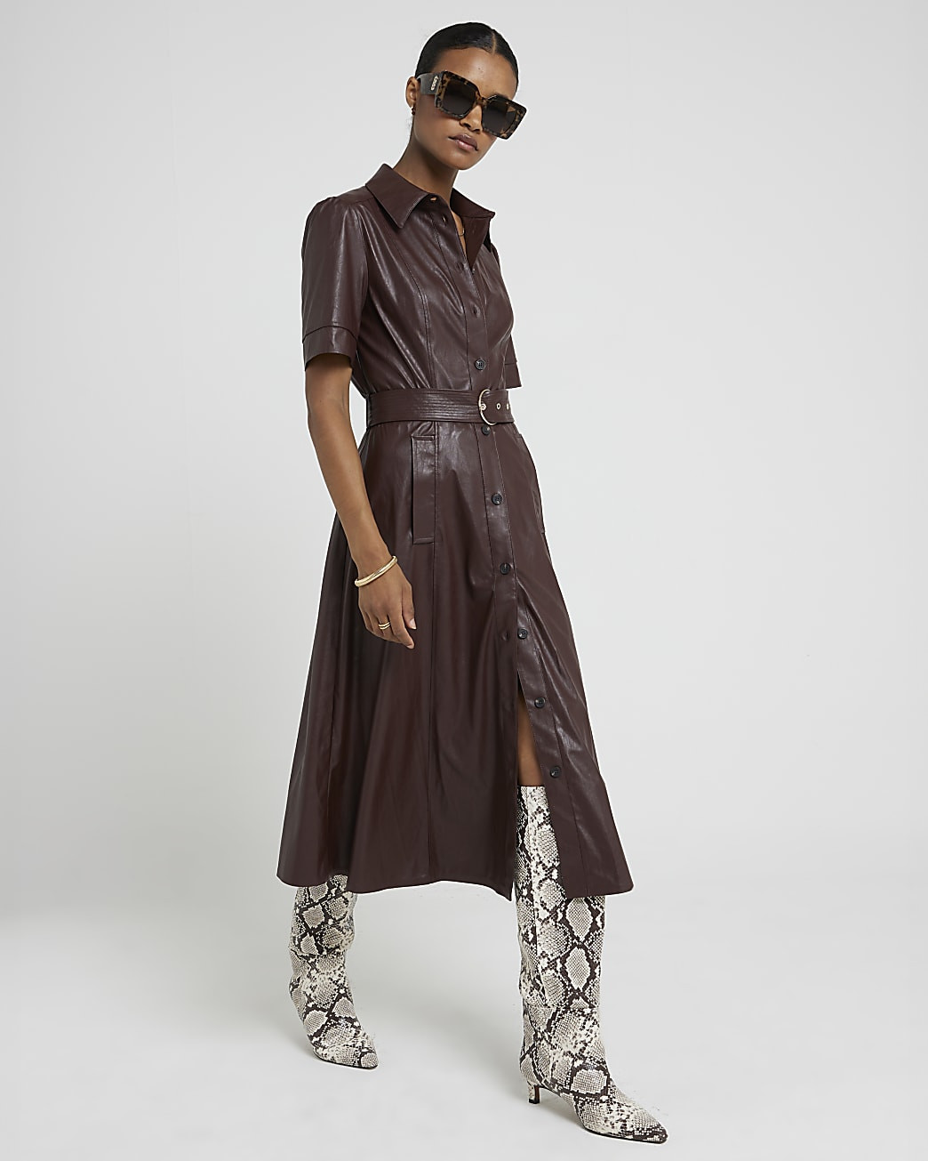 River Island Womens Red Faux Leather Belted Shirt Midi Dress | River Island (UK & IE)