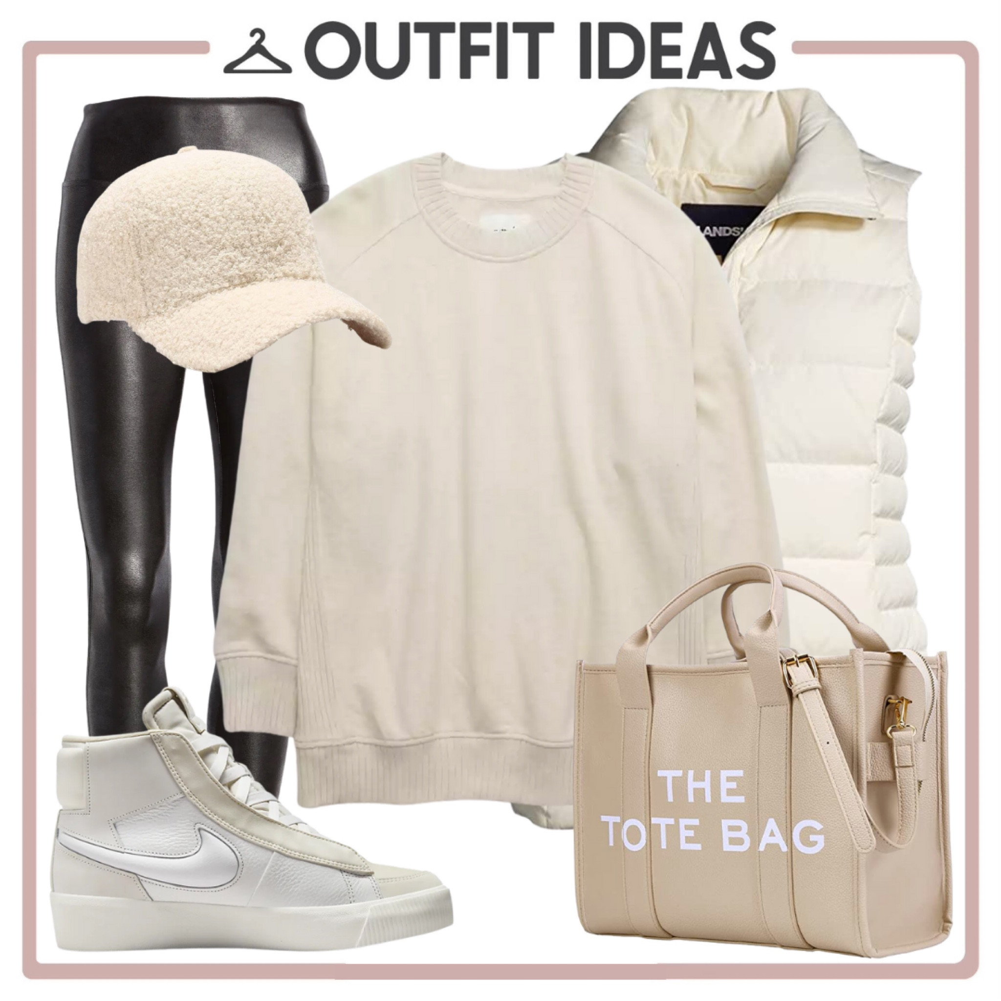 Casual Outfit for the weekend with a Sherpa cap, tunic, vest, leggings and sneakers 