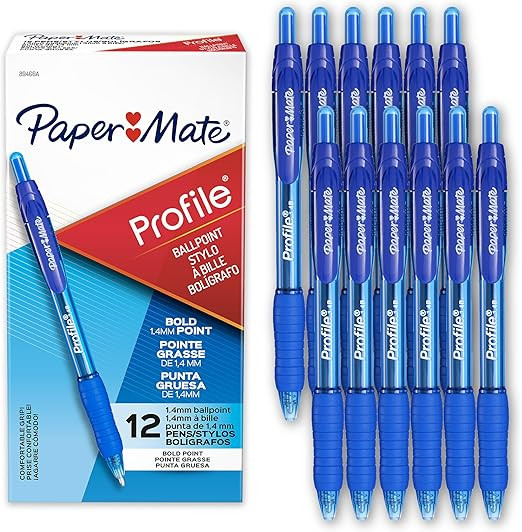 Paper Mate Profile Retractable Ballpoint Pens, Bold Point (1.4mm), Blue, 12 Count | Amazon (US)