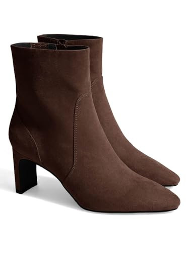 Coutgo Womens Chunky Low Heel Ankle Boots Square Pointed Toe Side Zipper Booties Faux Suede Fall Shoes, Chocolate, Size 9 | Amazon (US)