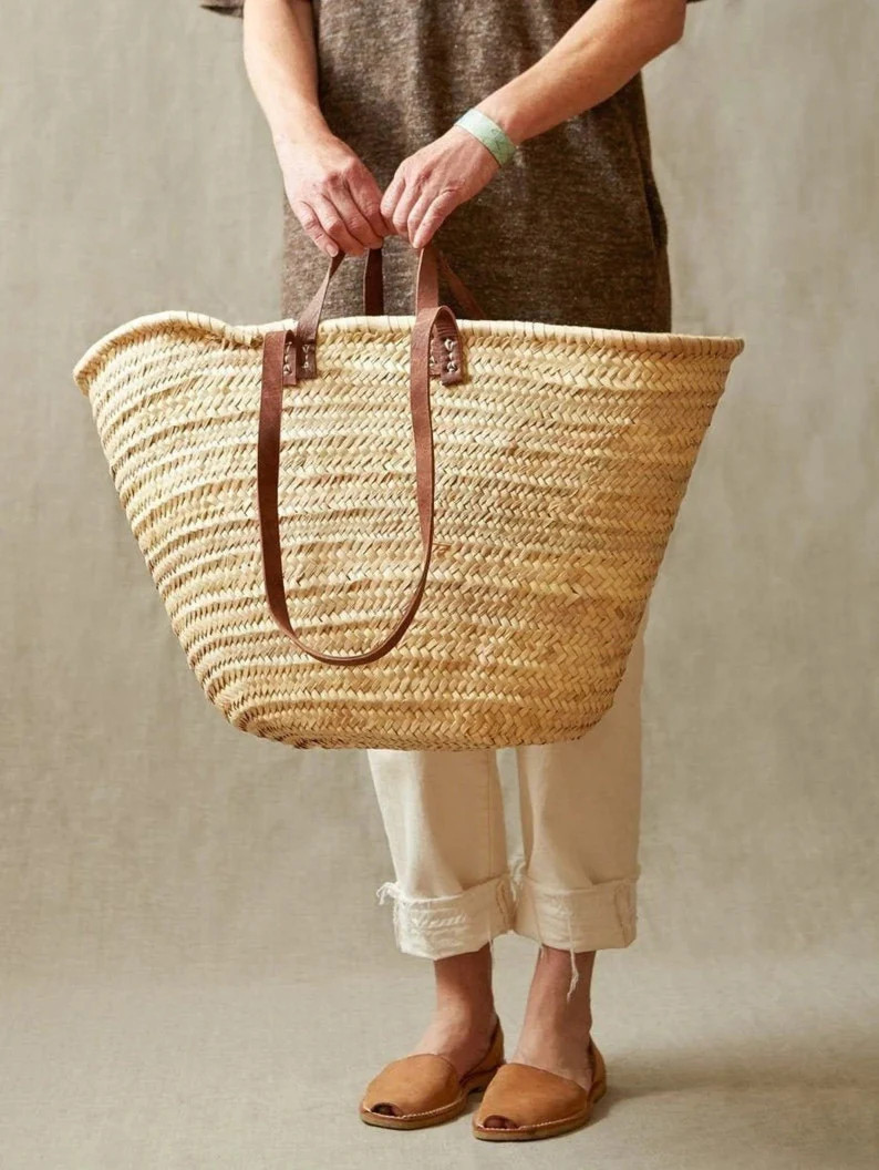 Handwoven Straw Bag with Leather Accents - French Market Basket, Eco-Friendly Grocery Tote, Styli... | Etsy (US)