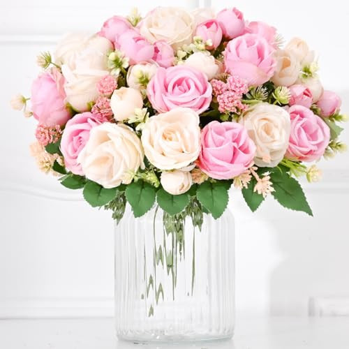 Fake Roses Artificial Flowers, 10 Pack Rose Fake Flowers for Decoration, Real Touch Champagne Pink Mixed Roses Bouquets Silk Flowers for Vase Centerpiece Table Wedding Party Bridal DIY Decor | Amazon (US)