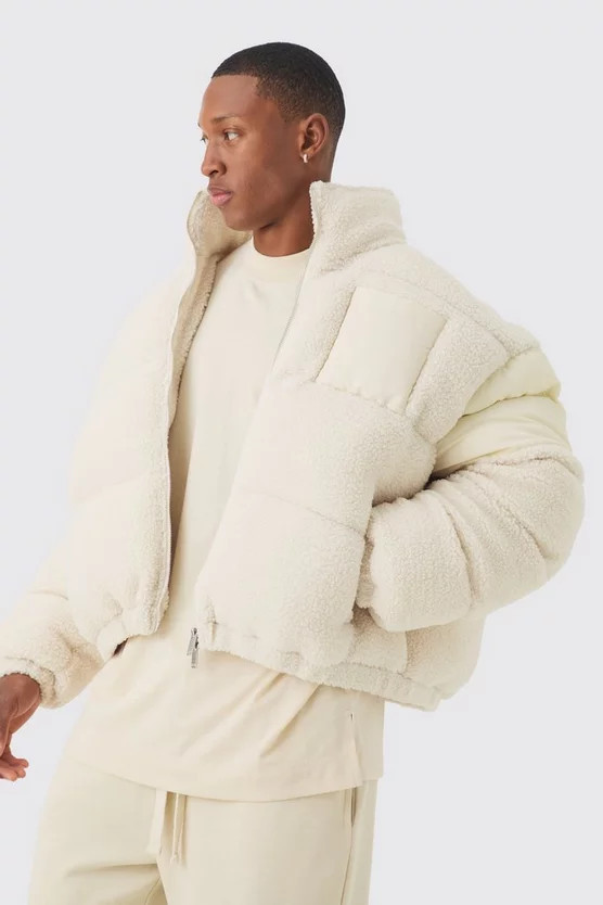 Borg & Nylon Funnel Neck Puffer In Ecru | boohooMAN (DE, IE & UK)