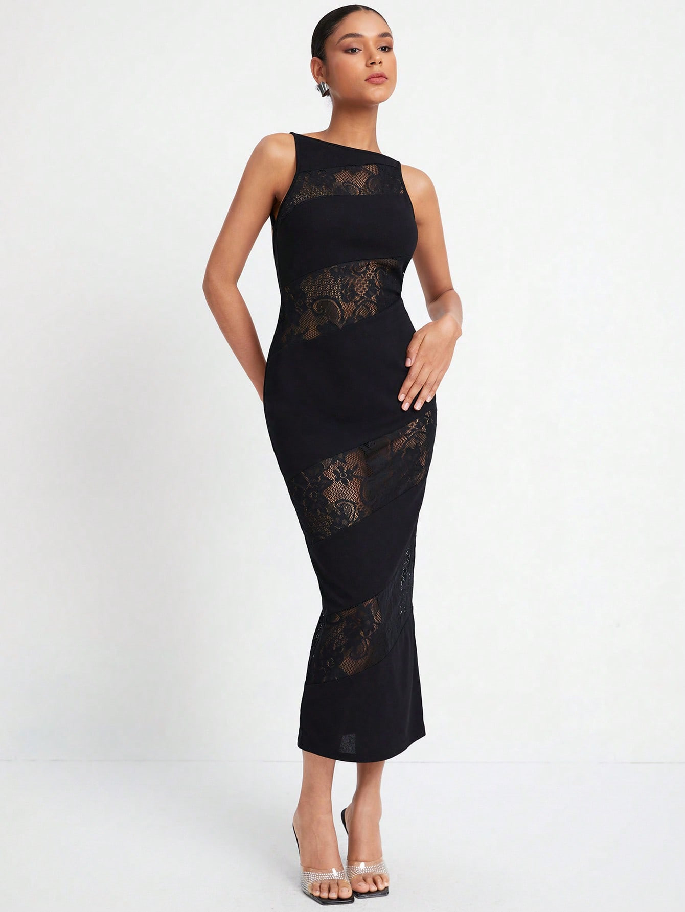 Yelly Gray Contrast Lace Backless Dress | SHEIN