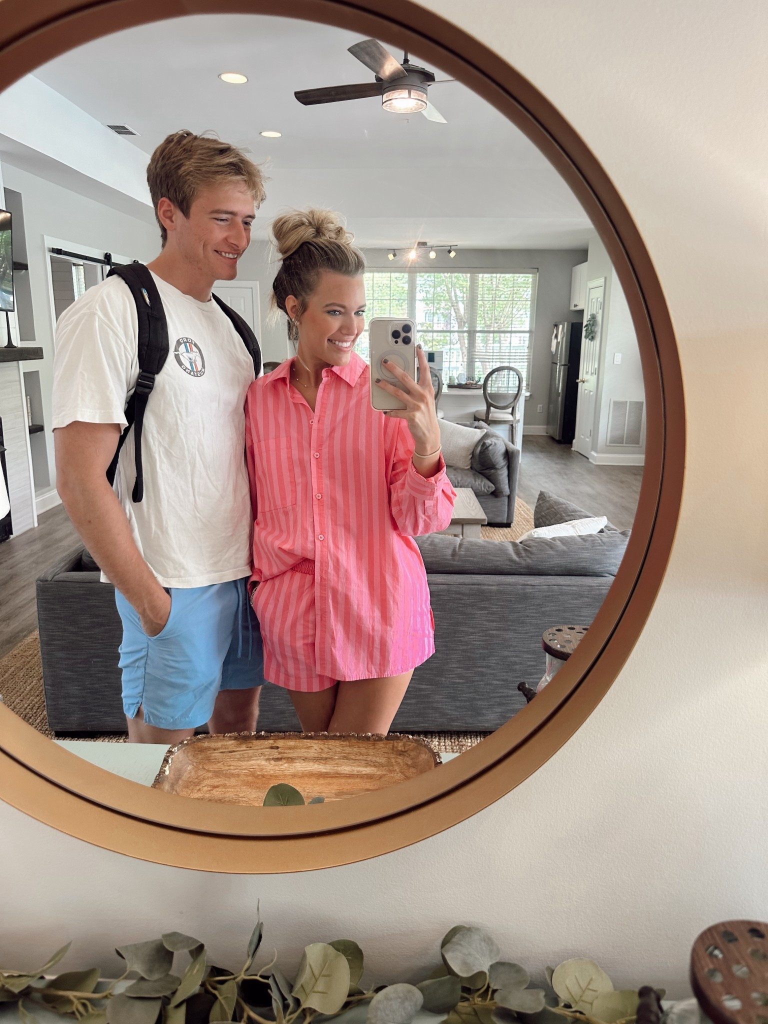 Summer outfit, striped button down, pink button down, coastal, grandmillenial, pink shorts, striped shorts, women’s shorts, men’s graphic t shirt