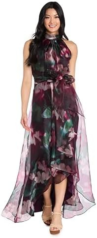 R&M Richards Women's Floral High Neck Gown W/Hi-Lo Skirt & Waist Sash - Spring Wedding Guest Cock... | Amazon (US)