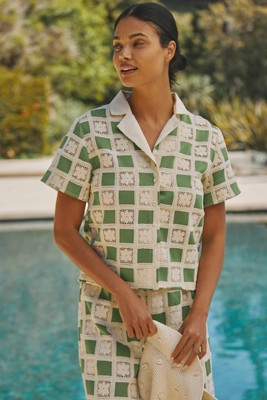 Flat White Short-Sleeve Knit Buttondown Top | Anthropologie (US)