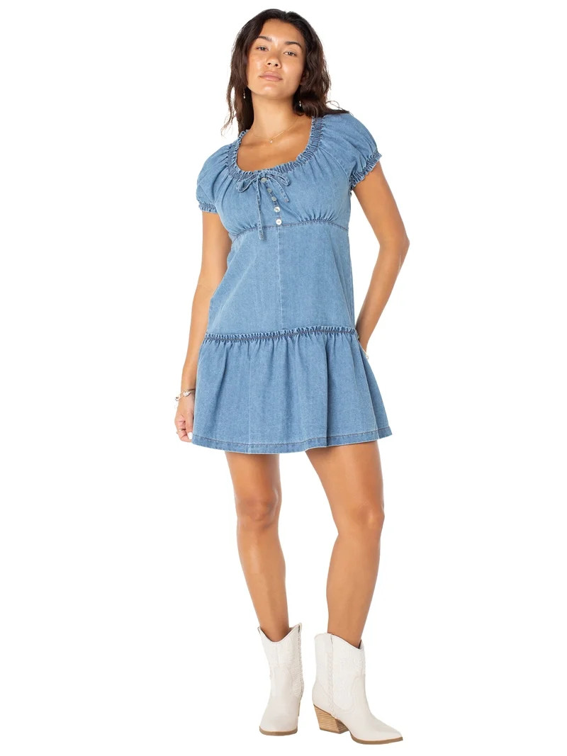 Celebrity Pink Women’s and Women's Plus Denim Mini Dress with Puff Sleeves, Sizes XS-XXXL | Walmart (US)