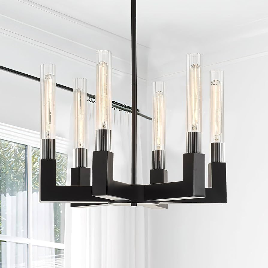 Matte Black Chandelier with Striped Glass Shades, 6-Lights Adjustable Modern Pendant Light Fixtur... | Amazon (US)