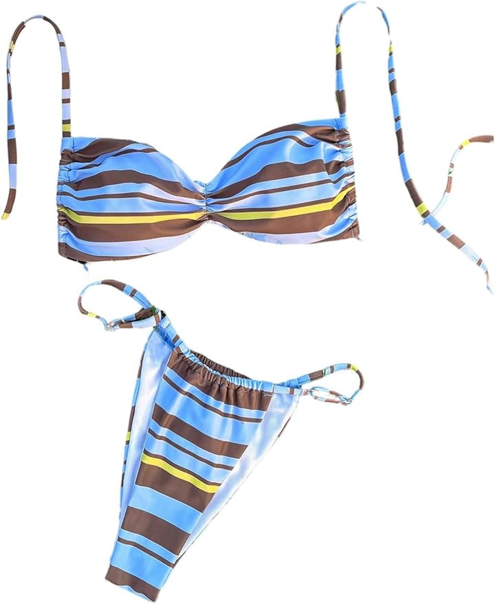 Floerns Women's Striped Bikini Sets 2 Piece Swimsuit Ruched String Bathing Suit | Amazon (US)