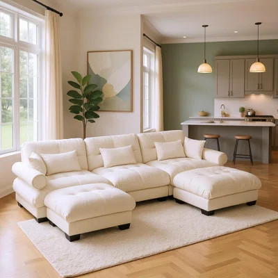 3-Seat Modular Velvet Sectional Sofa with 2 Movable Ottomans, Deep Cloud Cushions and Round Bolster Armrests, Cream Beige | Wayfair North America