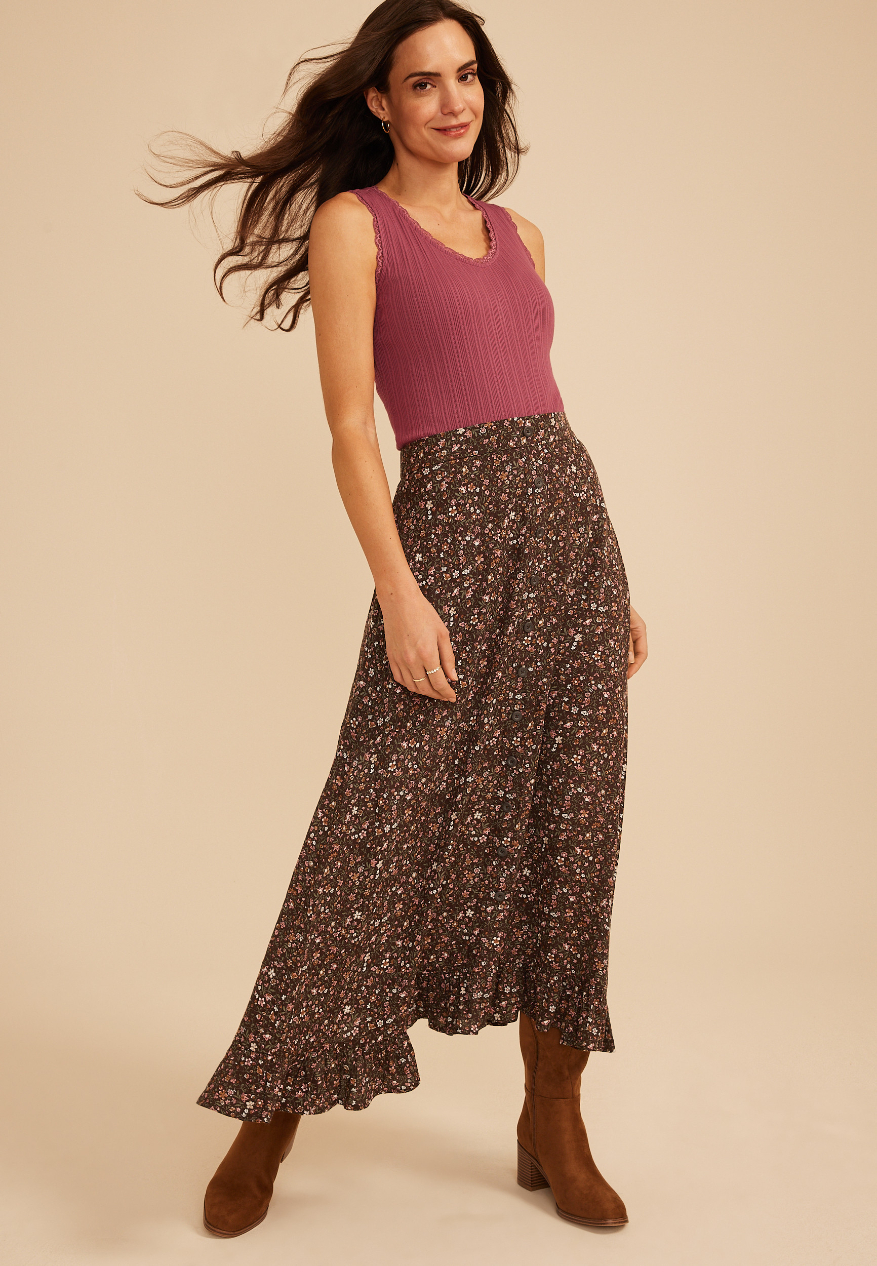 Maurices Women's Floral High Rise Button Front Ruffle Hem Maxi Skirt | Maurices
