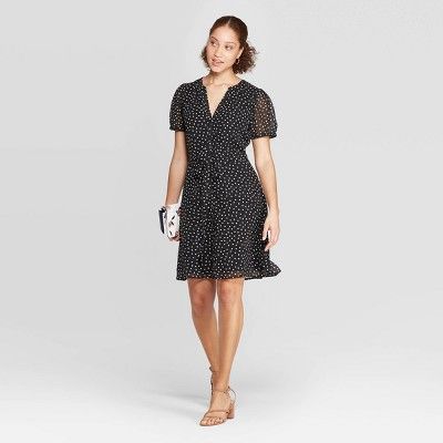 Women's Polka Dot Casual Fit Short Sleeve Deep V-Neck Dress - A New Day™ Black/White | Target