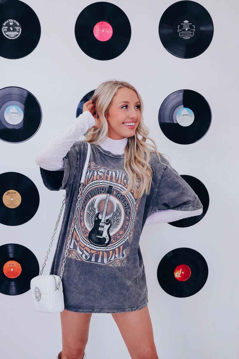 Nashville Festival Mineral Wash Graphic Tee - Charcoal | Whiskey Darling Boutique