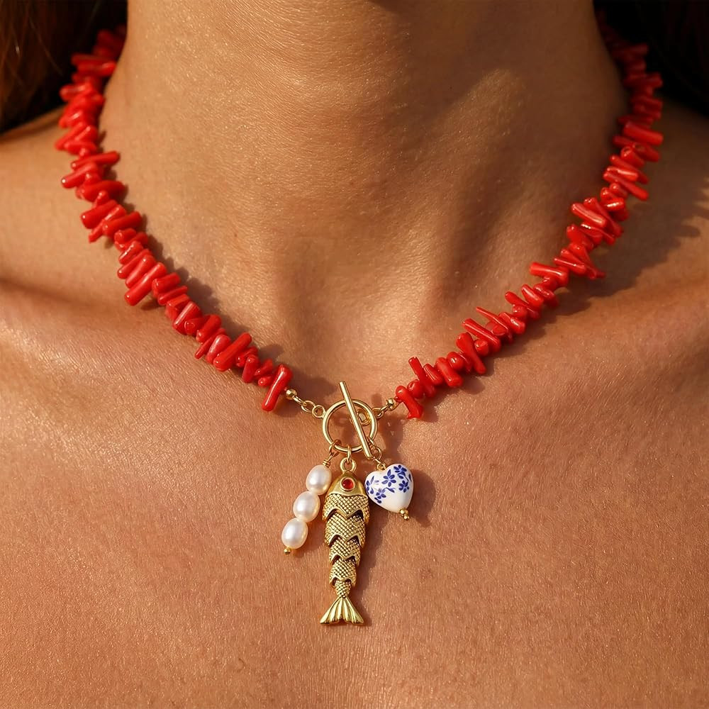 Waterproof Non Tarnish Fishing Necklace for Women - Red Coral Beads with Stainless Steel Fish, He... | Amazon (US)