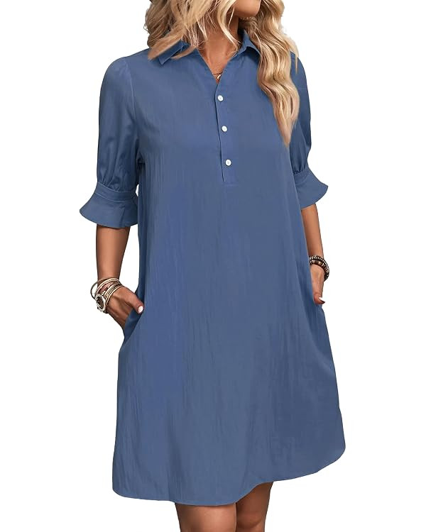 FENSACE Womens Casual Shirt Dress Ruffle Sleeve Button Down Shift Summer Dresses with Pockets | Amazon (US)