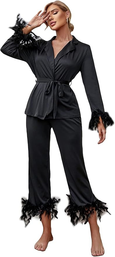 OYOANGLE Women's 2 Piece Faux Fur Trim Long Sleeve V Neck Belted Shirt and Pants Pajama Set | Amazon (US)
