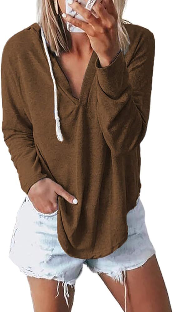 KIRUNDO Women’s Hoodies V Neck Long Sleeves Solid Color Sweatshirts Drawstring Casual Loose Pullover | Amazon (US)