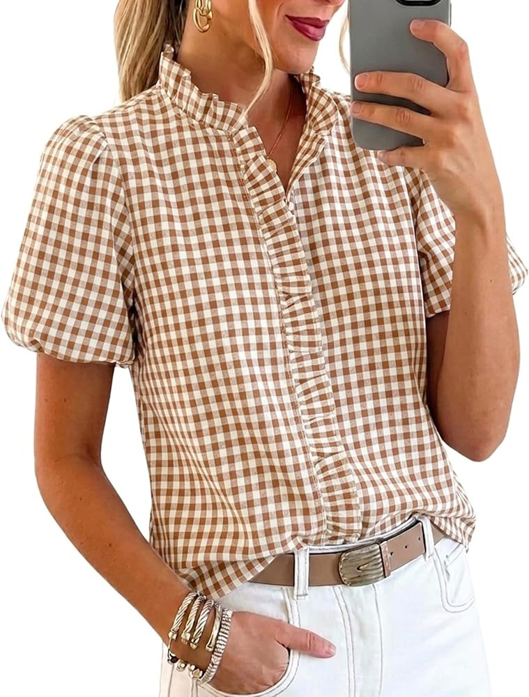 Womens Short Puff Sleeve Button Down Shirts Ruffle Stand Collar Blouse | Amazon (US)
