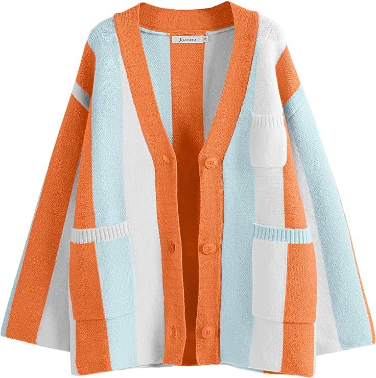 ANRABESS Women's Cable Knit Long Sleeve Open Front Cardigan Sweaters Color Block Boho Striped Out... | Amazon (US)