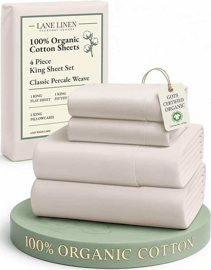 LANE LINEN 100% Organic Cotton King Bed Set, 4-Piece Cotton Bed Sheets, Crisp Percale Weave, Ultr... | Amazon (US)