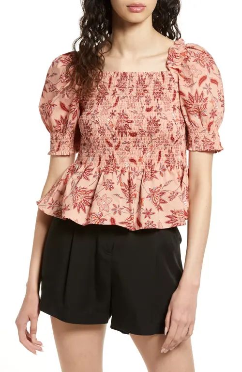 BB Dakota by Steve Madden Sweet and Sour Smocked Cotton Poplin Peplum Blouse in Coral Pink at Nordst | Nordstrom