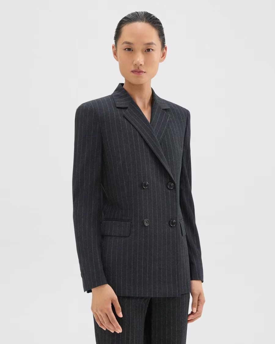 Double-Breasted Slim Blazer in Pinstripe Wool Flannel | Theory
