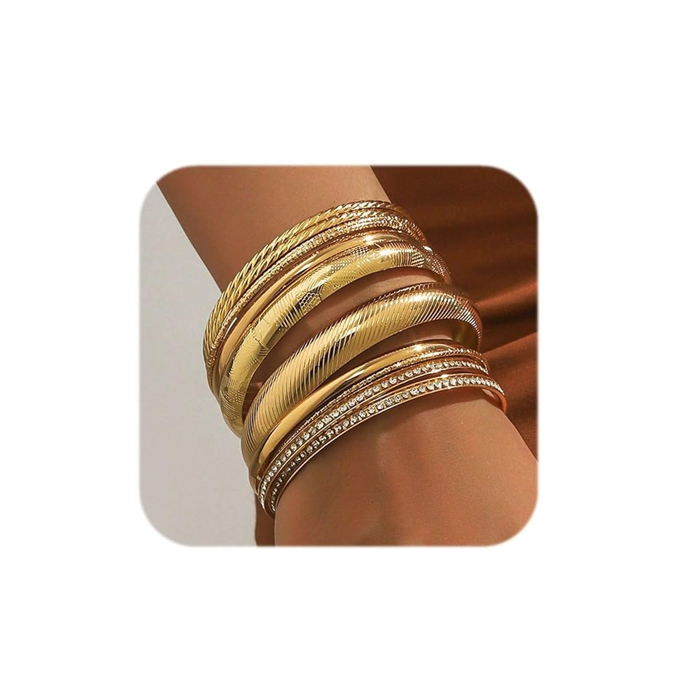 Gold Bangle Bracelets For Women, Multi Layer Stackable Textured Bracelets Set,Minimalist Textured... | Amazon (US)