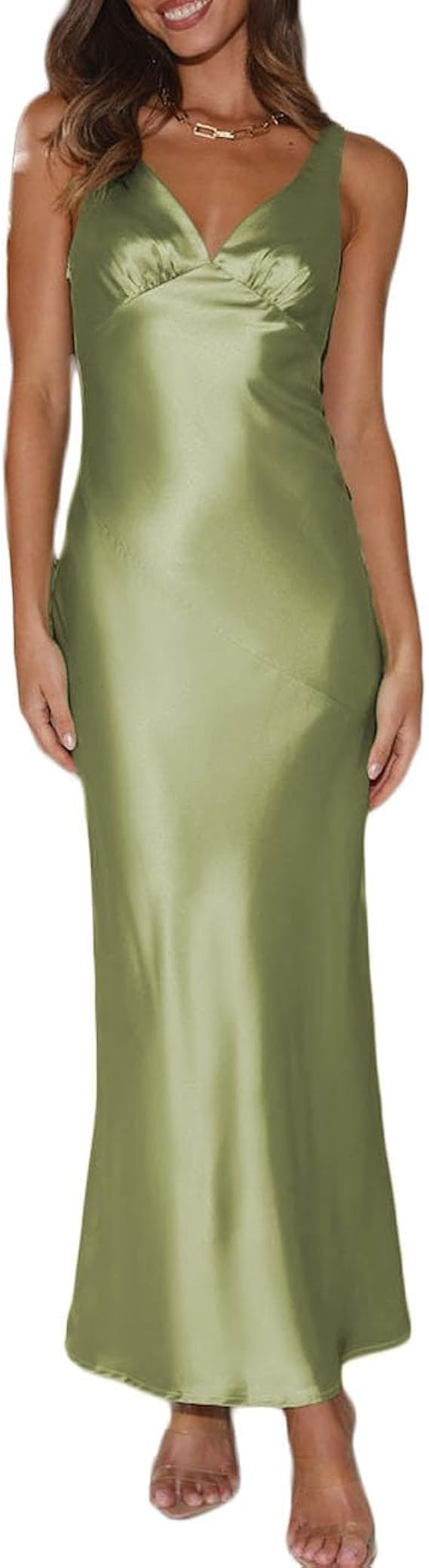 Womens Elegant Satin V Neck Backless Sleeveless Maxi Dress Silk Tie Low Back Formal Cocktail Dres... | Amazon (US)