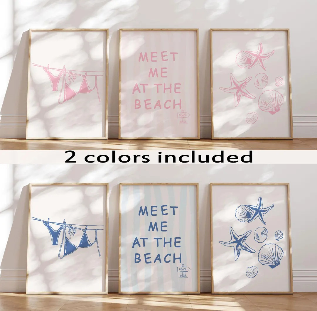 Coastal Print Set of 3, Pink and Blue Gallery Wall, Meet Me at the Beach, Beach Wall Art, Printab... | Etsy (US)