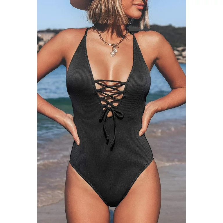 Cupshe Women's Black V Neck Vacation One Piece Swimsuit Lace up Monokini, L | Walmart (US)