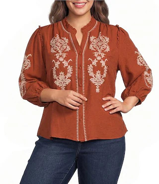Plus Size Embroidered Ruffle Split V-Neck 3/4 Sleeve Button Front Tunic | Dillard's