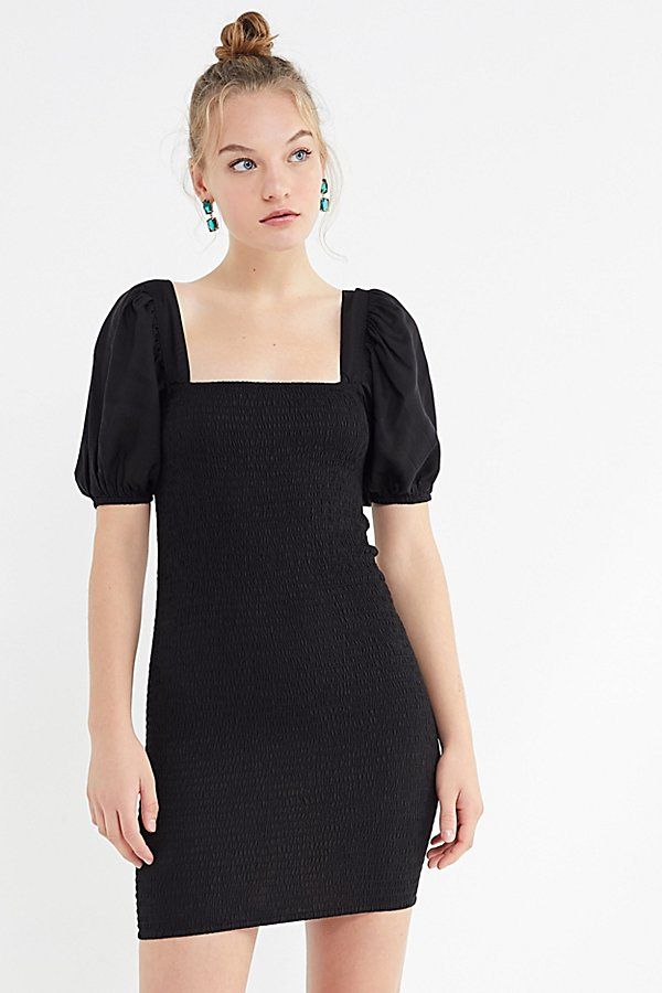 UO Carnation Smocked Puff Sleeve Mini Dress - Black XS at Urban Outfitters | Urban Outfitters (US and RoW)